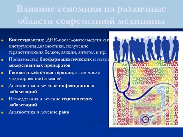 Влияние геномики на различные области современной медицины Биотехнология: ДНК-последовательности как инструменты диагностики,