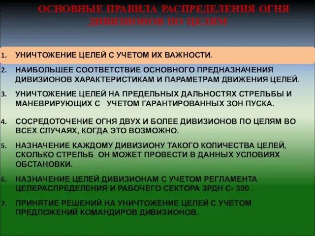 УНИЧТОЖЕНИЕ ЦЕЛЕЙ С УЧЕТОМ ИХ ВАЖНОСТИ. НАИБОЛЬШЕЕ СООТВЕТСТВИЕ ОСНОВНОГО ПРЕДНАЗНАЧЕНИЯ ДИВИЗИОНОВ ХАРАКТЕРИСТИКАМ