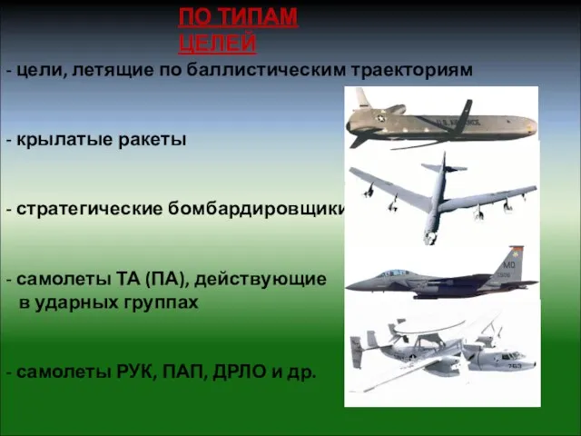 - цели, летящие по баллистическим траекториям - крылатые ракеты - стратегические бомбардировщики