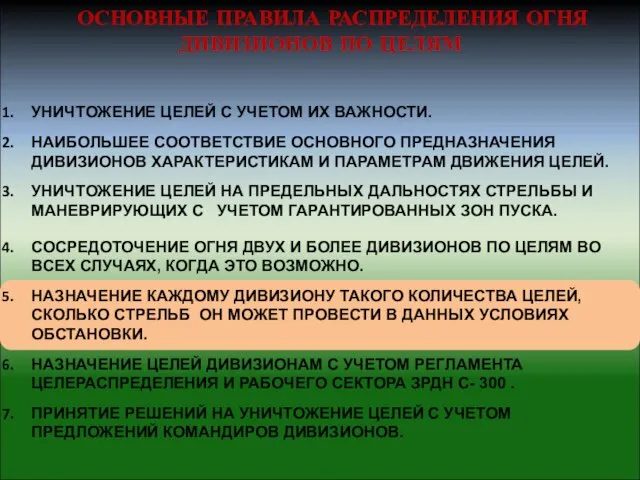 УНИЧТОЖЕНИЕ ЦЕЛЕЙ С УЧЕТОМ ИХ ВАЖНОСТИ. НАИБОЛЬШЕЕ СООТВЕТСТВИЕ ОСНОВНОГО ПРЕДНАЗНАЧЕНИЯ ДИВИЗИОНОВ ХАРАКТЕРИСТИКАМ