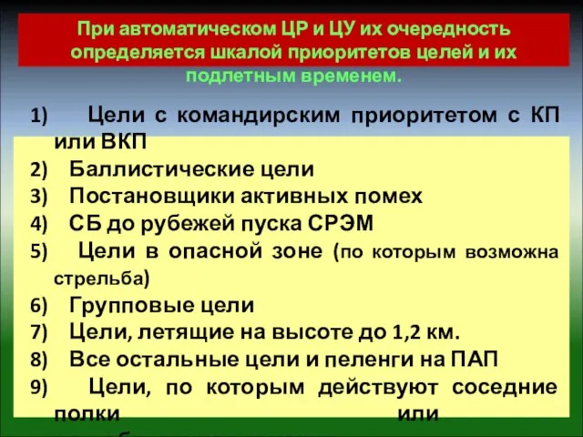 1) Цели с командирским приоритетом с КП или ВКП 2) Баллистические цели