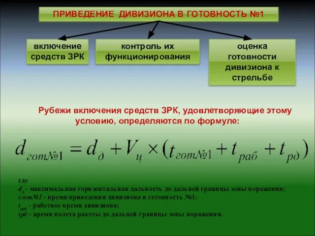 Рубежи включения средств ЗРК, удовлетворяющие этому условию, определяются по формуле: где dд