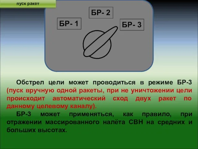 Обстрел цели может проводиться в режиме БР-3 (пуск вручную одной ракеты, при