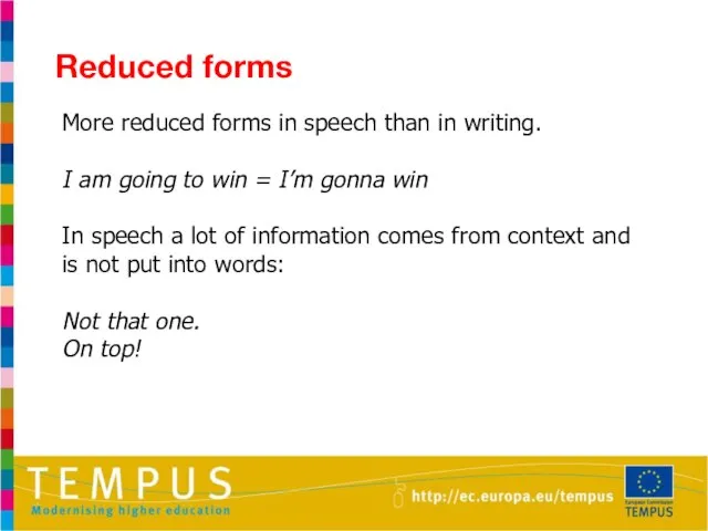 Reduced forms More reduced forms in speech than in writing. I am