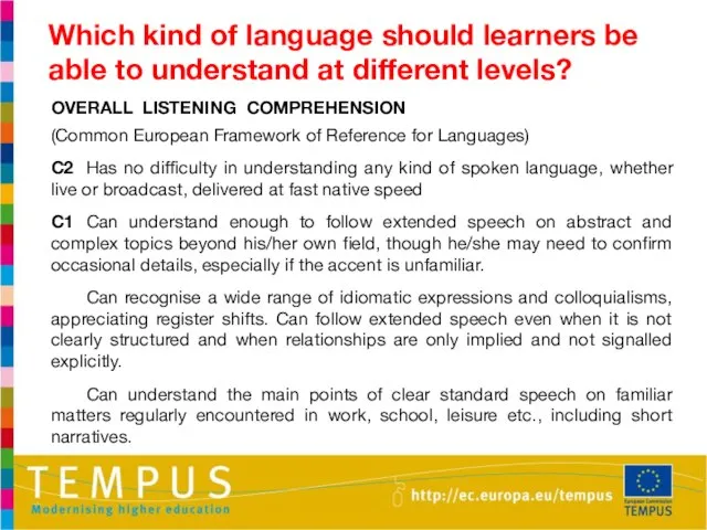 Which kind of language should learners be able to understand at different