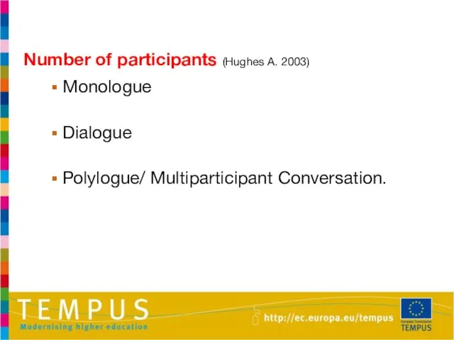 Number of participants (Hughes A. 2003) Monologue Dialogue Polylogue/ Multiparticipant Conversation.