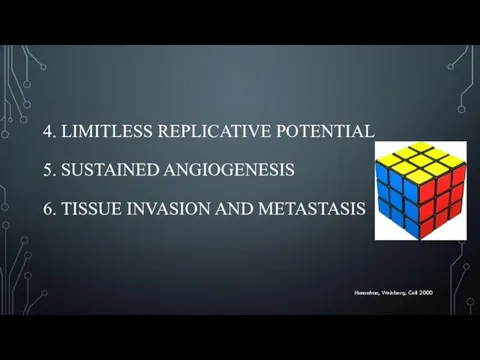 4. LIMITLESS REPLICATIVE POTENTIAL 5. SUSTAINED ANGIOGENESIS 6. TISSUE INVASION AND METASTASIS Hannahan, Weinberg. Cell 2000