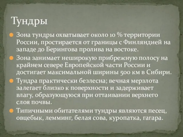 Зона тундры охватывает около 10 % территории России, простирается от границы с