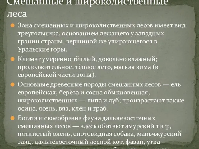 Зона смешанных и широколиственных лесов имеет вид треугольника, основанием лежащего у западных