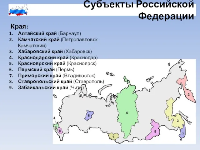 Субъекты Российской Федерации Края: Алтайский край (Барнаул) Камчатский край (Петропавловск-Камчатский) Хабаровский край