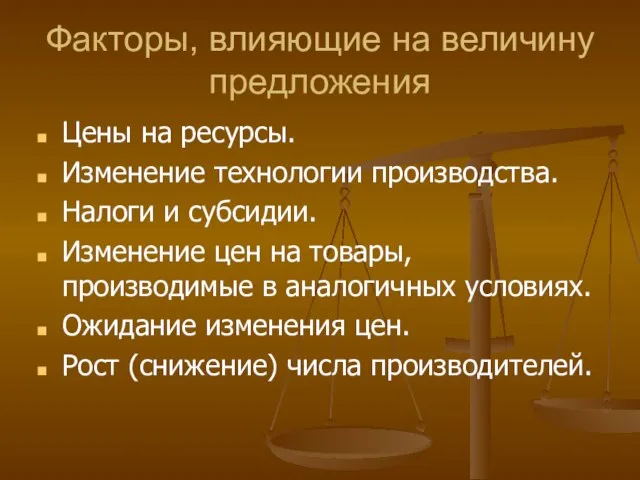 Факторы, влияющие на величину предложения Цены на ресурсы. Изменение технологии производства. Налоги