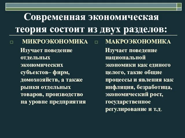 Современная экономическая теория состоит из двух разделов: МИКРОЭКОНОМИКА Изучает поведение отдельных экономических