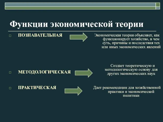 Функции экономической теории ПОЗНАВАТЕЛЬНАЯ МЕТОДОЛОГИЧЕСКАЯ ПРАКТИЧЕСКАЯ Экономическая теория объясняет, как функционирует хозяйство,