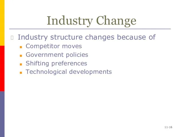 11- Industry Change Industry structure changes because of Competitor moves Government policies Shifting preferences Technological developments