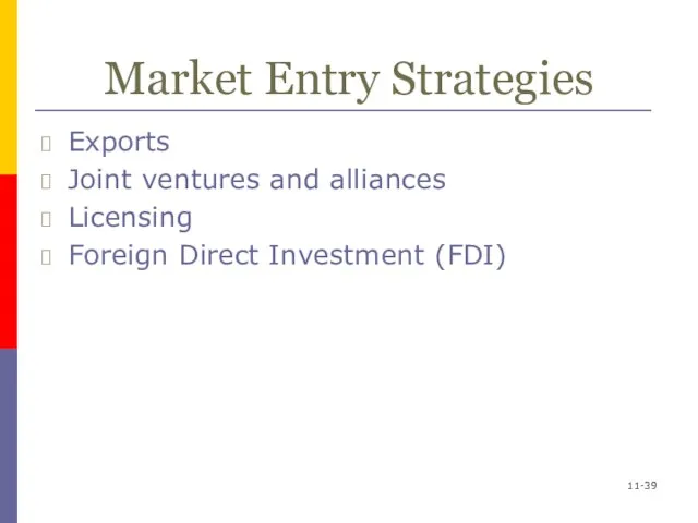 Market Entry Strategies Exports Joint ventures and alliances Licensing Foreign Direct Investment (FDI) 11-