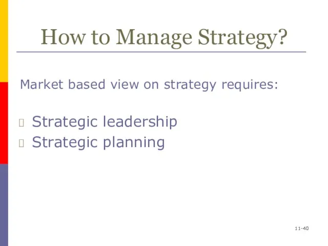 How to Manage Strategy? Market based view on strategy requires: Strategic leadership Strategic planning 11-