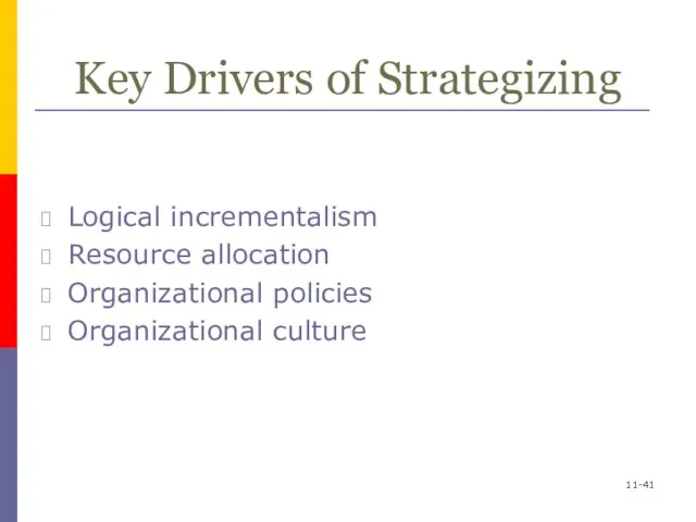 Key Drivers of Strategizing Logical incrementalism Resource allocation Organizational policies Organizational culture 11-