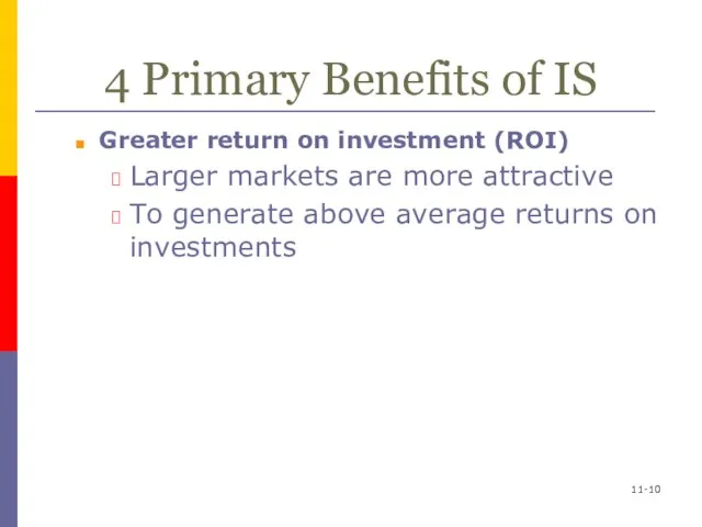 4 Primary Benefits of IS Greater return on investment (ROI) Larger markets