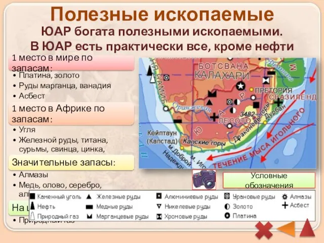 Полезные ископаемые ЮАР богата полезными ископаемыми. В ЮАР есть практически все, кроме нефти Условные обозначения