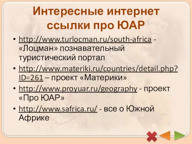 Интересные интернет ссылки про ЮАР http://www.turlocman.ru/south-africa - «Лоцман» познавательный туристический портал http://www.materiki.ru/countries/detail.php?ID=261