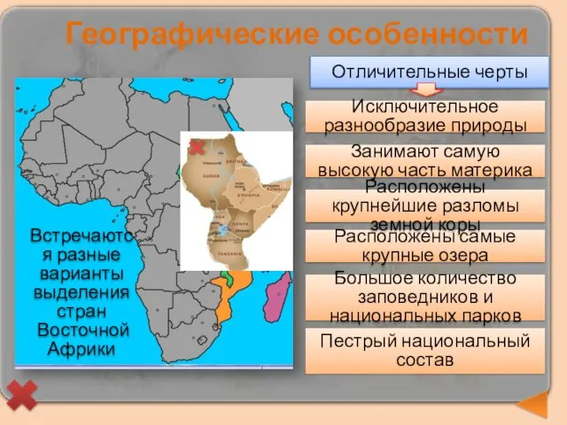 Географические особенности Встречаются разные варианты выделения стран Восточной Африки Отличительные черты Занимают