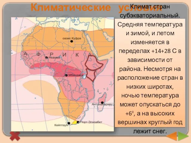 Климатические условия Климат стран субэкваториальный. Средняя температура и зимой, и летом изменяется