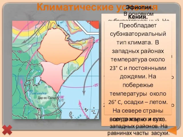 Климатические условия Эфиопия. В основном субэкваториальный. На северо-востоке — тропический пустынный и