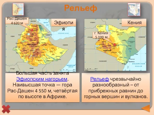 Большая часть занята Эфиопским нагорьем. Наивысшая точка — гора Рас-Дашен 4 550