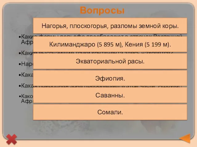 Вопросы Какие формы рельефа преобладают в странах Восточной Африки? Какие высочайшие точки