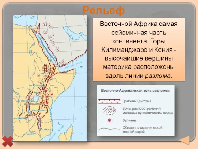 Рельеф Восточной Африка самая сейсмичная часть континента. Горы Килиманджаро и Кения -