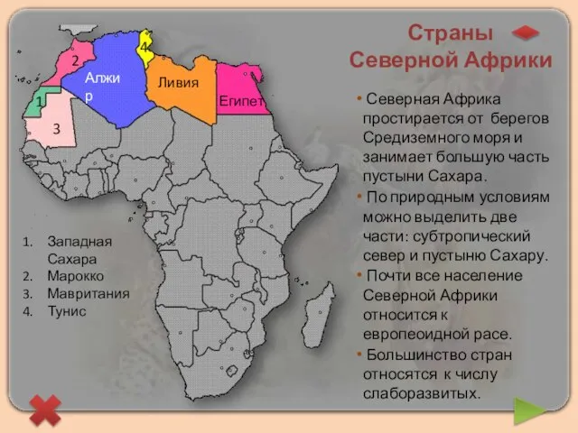 Страны Северной Африки Египет Ливия Алжир 3 4 1 2 Западная Сахара