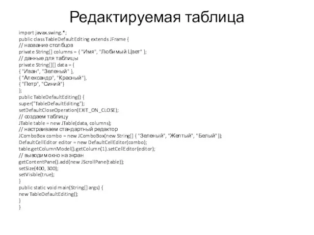 Редактируемая таблица import javax.swing.*; public class TableDefaultEditing extends JFrame { // название