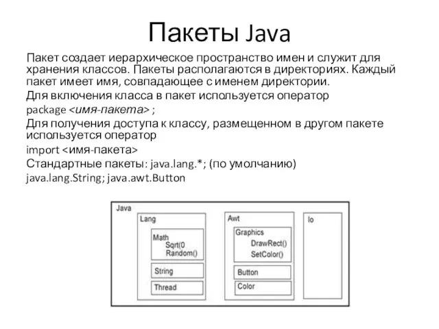 Пакеты Java Пакет создает иерархическое пространство имен и служит для хранения классов.