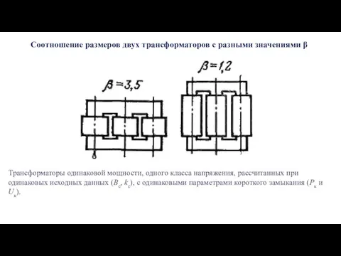 Соотношение размеров двух трансформаторов с разными значениями β Трансформаторы одинаковой мощности, одного