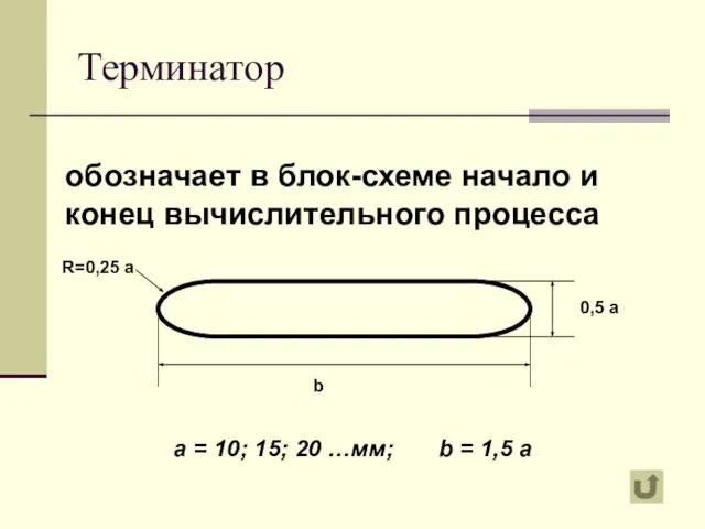 Терминатор обозначает в блок-схеме начало и конец вычислительного процесса a = 10;