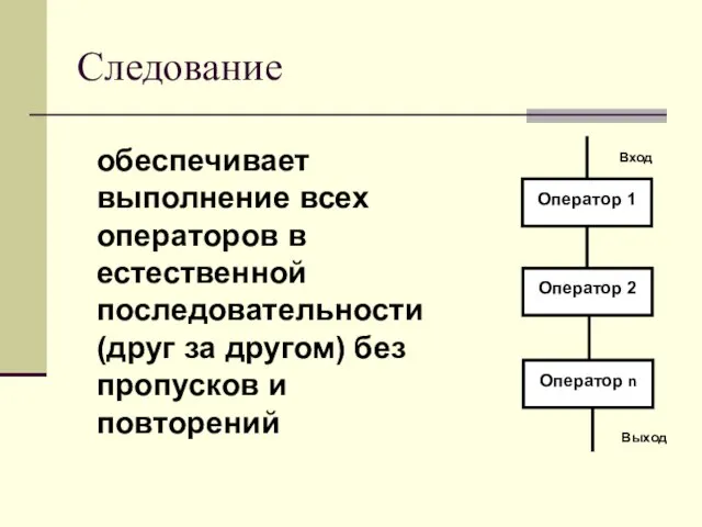 Следование обеспечивает выполнение всех операторов в естественной последовательности (друг за другом) без пропусков и повторений