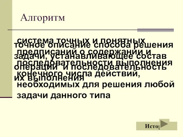 Алгоритм История система точных и понятных предписаний о содержании и последовательности выполнения