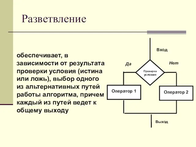 Разветвление обеспечивает, в зависимости от результата проверки условия (истина или ложь), выбор