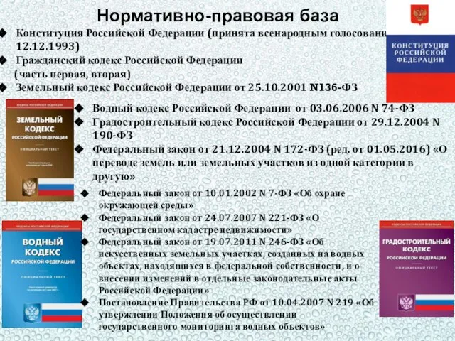 Нормативно-правовая база Конституция Российской Федерации (принята всенародным голосованием 12.12.1993) Гражданский кодекс Российской