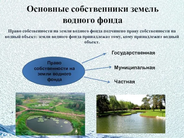 Основные собственники земель водного фонда Право собственности на земли водного фонда подчинено