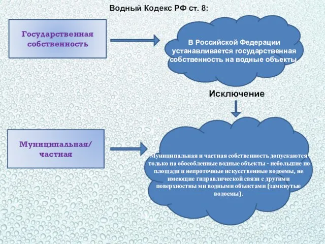 Государственная собственность Водный Кодекс РФ ст. 8: В Российской Федерации устанавливается государственная