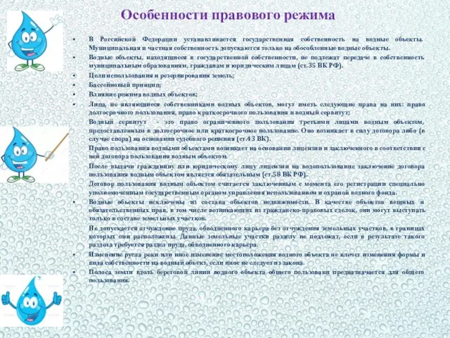 Особенности правового режима В Российской Федерации устанавливается государственная собственность на водные объекты.