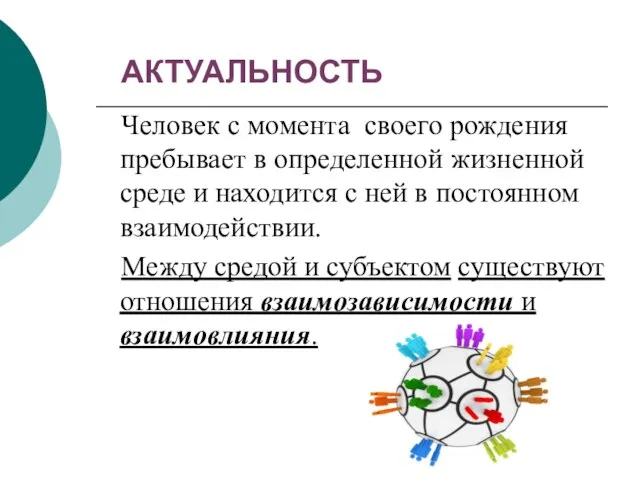 АКТУАЛЬНОСТЬ Человек с момента своего рождения пребывает в определенной жизненной среде и