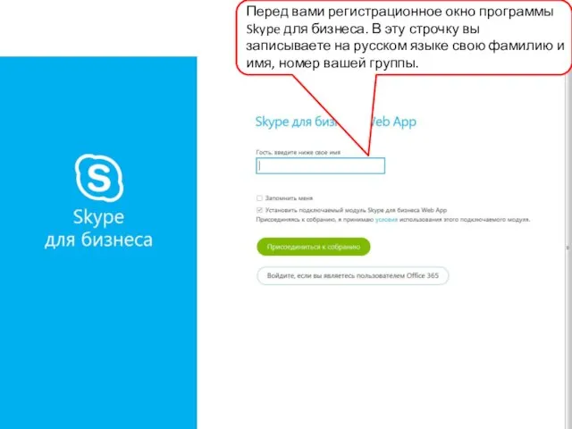 Перед вами регистрационное окно программы Skype для бизнеса. В эту строчку вы