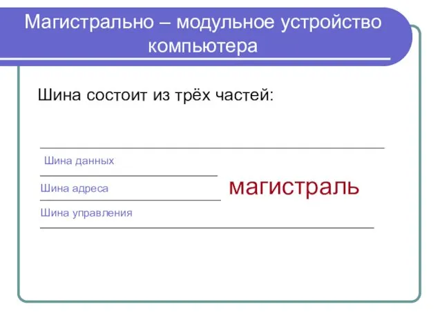 Магистрально – модульное устройство компьютера Шина состоит из трёх частей: Шина данных