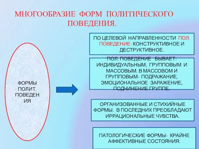 МНОГООБРАЗИЕ ФОРМ ПОЛИТИЧЕСКОГО ПОВЕДЕНИЯ. ФОРМЫ ПОЛИТ. ПОВЕДЕНИЯ ПО ЦЕЛЕВОЙ НАПРАВЛЕННОСТИ ПОЛ. ПОВЕДЕНИЕ: