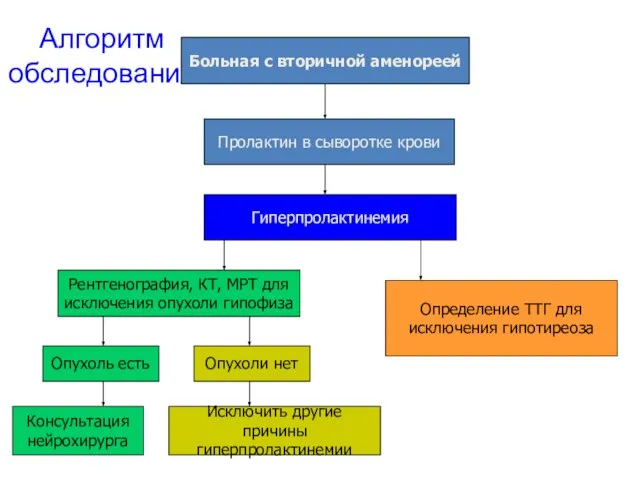 Алгоритм обследования Больная с вторичной аменореей Пролактин в сыворотке крови Гиперпролактинемия Определение