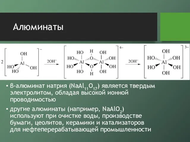 Алюминаты β-алюминат натрия (NaAl11O17) является твердым электролитом, обладая высокой ионной проводимостью другие