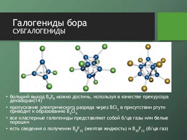 Галогениды бора субгалогениды больший выход B9X9 можно достичь, используя в качестве прекурсора