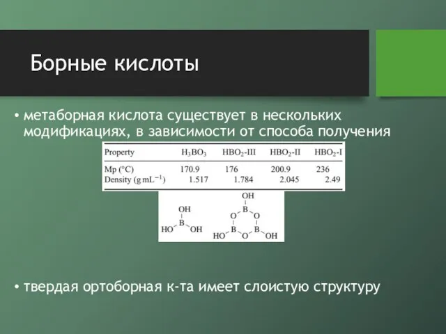 Борные кислоты метаборная кислота существует в нескольких модификациях, в зависимости от способа